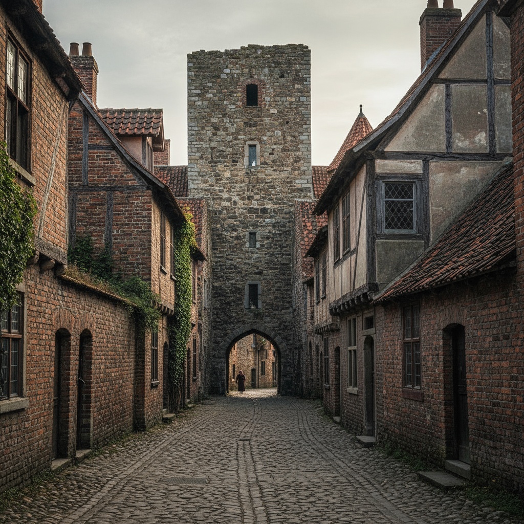 Historic village with stone tower